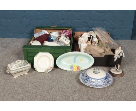 Two boxes of assorted crockery. To include a hand-painted Radford dish, Crown Devon dessert bowls ,Roslyn bone china Sweet Se