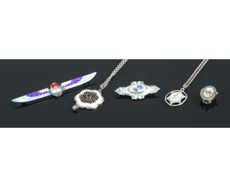 A Charles Horner pendant and Ba-bird enameled brooch, together with a collection of silver and enamel, including miniature pi