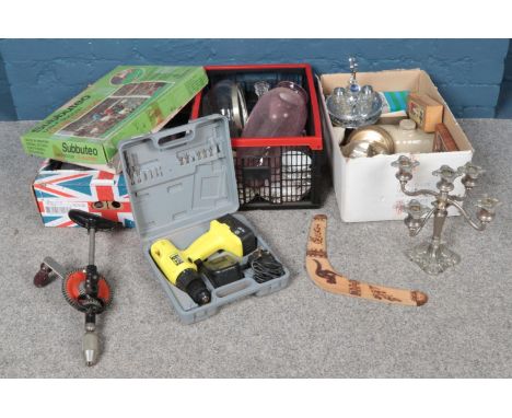 Three boxes of miscellaneous. To include Subbuteo table football, silver plate candelabra, vintage hand drill etc.  