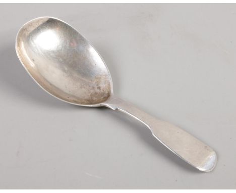 An early Victorian silver caddy spoon. Assayed for London, 1842, by Thomas Whitaker. Weight: 9.21g.  