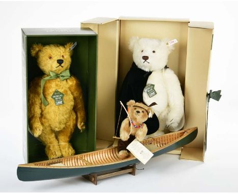 Steiff, 2 Bären + Bär im Kanu, Okt, neuwertig, 20-40 cm, Z 1