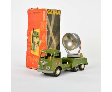 Gama, Scheinwerfer LKW, 29 cm, Blech, Friktion ok, LM, RS, Okt Z 3, Batteriefachabdeckung fehlt, Z 3