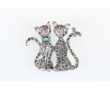 Silver and marcasite cat brooch set with ruby and emeralds 