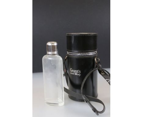 Grant's Scotch Whiskey Black Leather Case fitted with three glass whiskey flasks 