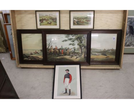 Three French Coloured Prints of 19th century Hunting Engravings together with a Vanity Fair ' a King's Jockey ' Print and Two