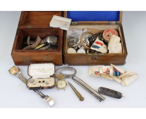 A group of mixed collectables to include watches, button hook, cufflinks and studs, silk cigarette cards...etc contained with
