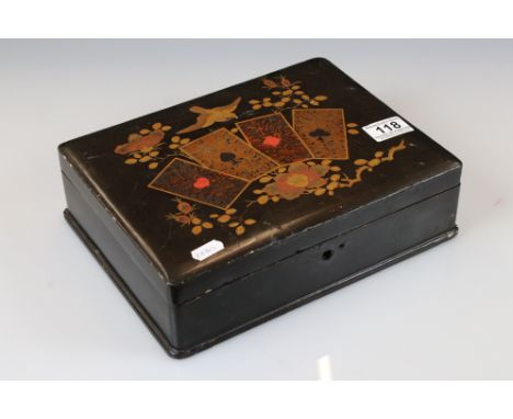 Victorian Black Lacquered Playing Card Box, the hinged lid with chinoiserie style decoration of four playing cards, birds and