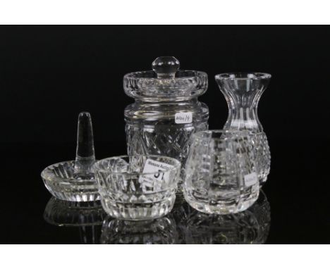 Five Waterford Crystal cut glass items, to include lidded preserve pot, ring holder dish, bud vase etc 