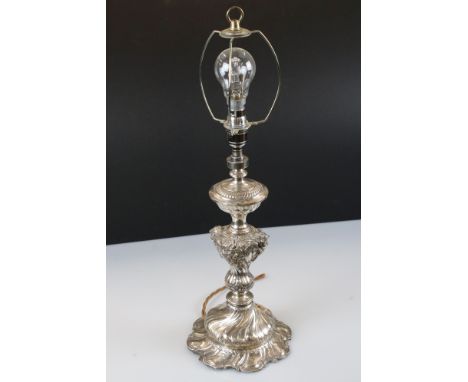 WMF Silver Plated Table Lamp of Rococo form, stamped to base, overall height 53cm 