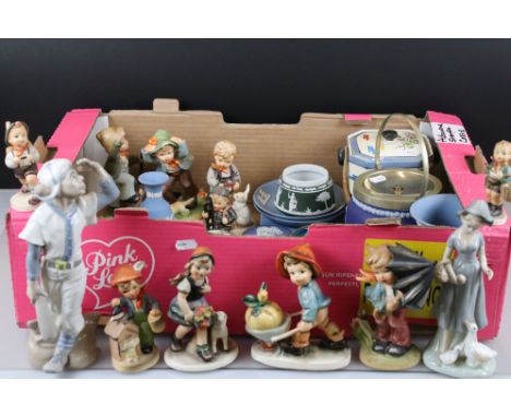Ceramics - Wedgwood Blue Jasperware Biscuit Barrel plus various other Wedgwood Jasperware items, Three Goebel Hummel Figures 