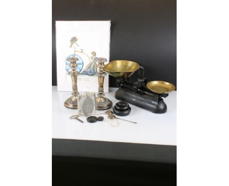A box of mixed collectables to include kitchen scales, hip flask, candlesticks and a mounted print. 
