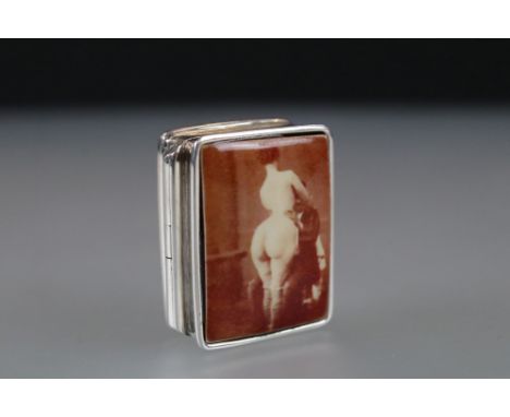 Silver pill box with enamel lid depicting a female image 