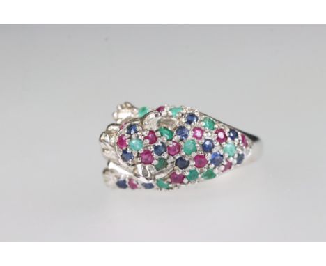 Silver panther ring set with semi precious stones 
