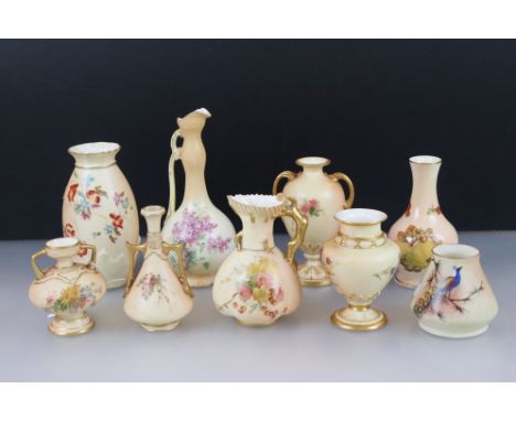 Six Early 20th century Royal Worcester Blush Ivory Vase, all painted with flowers, tallest 14cm together with Two other Blush