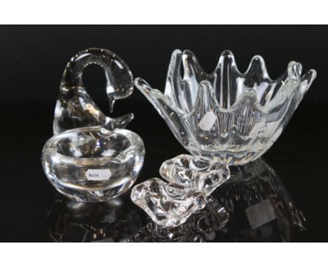 Five Daum Crystal Glass items including 1950's Splash Vase, 21cn diameter, Pair of Salts, Ashtray and a Duck Paperweight 