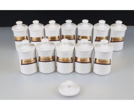 Set of Twelve Ceramic Spice Jars and Lids in the form of Apothecary Jars including Cinnamon, Mixed Herbs, Chillies, Celery Se