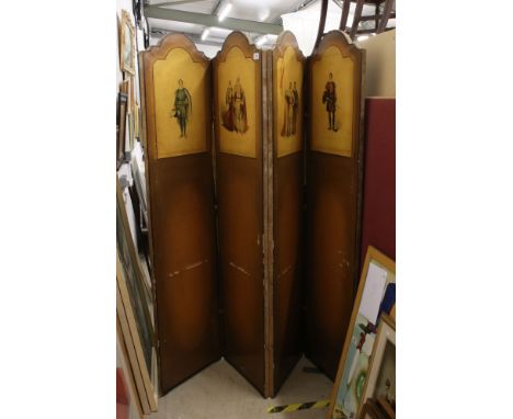 Late 19th / Early 20th century Folding Screen of four leather effect panels, each panel decorated with an image of 16th centu