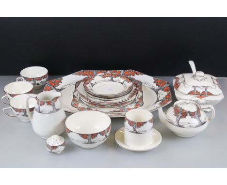 Art Deco Crown Ducal ' Orange Tree (A1211) ' pattern part service including Teapot, Lidded Tureen with Ladle, Slop Bowl, Jug,