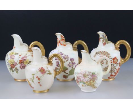 Four 19th and Early 20th century Royal Worcester Blush Ivory Flat-back Jugs, pattern no. 1094, all painted with flowers, tall