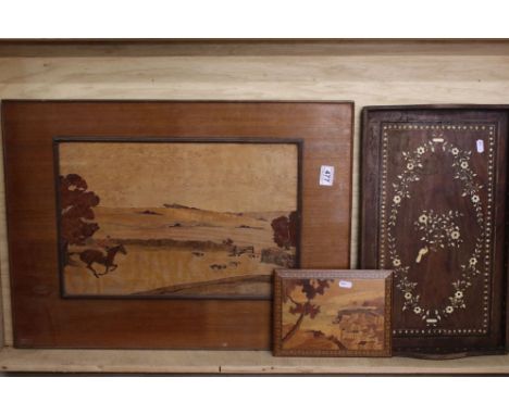Parquetry Inlaid Wooden Panel depicting a Fox Hunting Scene, 70cm x 52cm together with Italian Sorrento Panel of a Coastal To