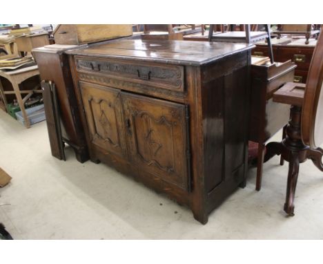 18th / 19th century French Chestnut and Fruitwood Enfilade or Dresser Base, the long single drawer with applied blind fretwor