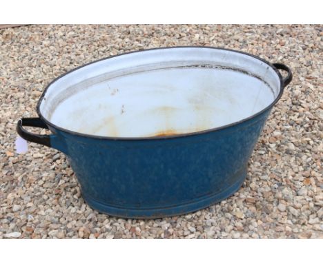 Large Vintage Blue Enamelled Wash Tub / Garden Planter, 83cm long x 31cm high 