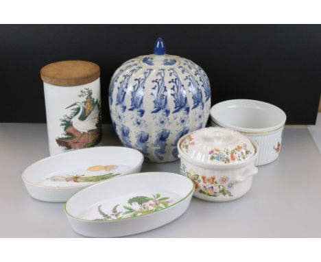 Mixed Lot including Portmeirion Storage Jar, Aynsley Lidded Tureen, Royal Worcester Evesham and Country Kitchen, Large Chines