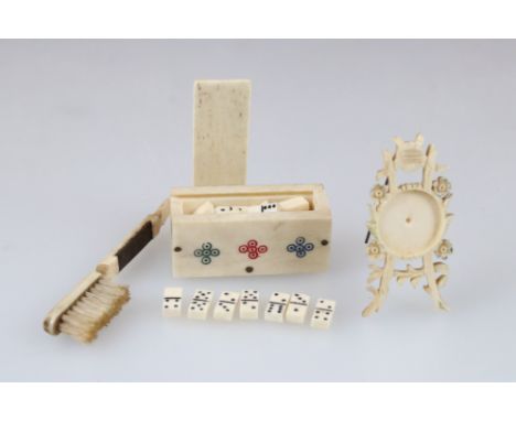 19th century Napoleonic prisoner of war bone manicure, together with a miniature domino set and portrait frame 