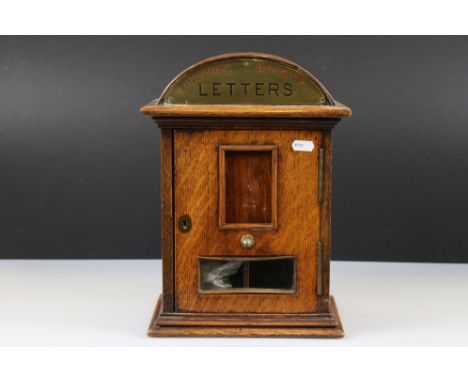 Victorian Oak Domed Top Letter Box with two letter slots to top, brass panel marked ' Letters, For Post, Received ' and singl