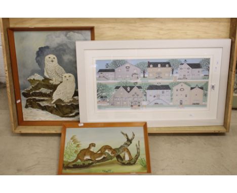 Ron Marshall (20th century) Two Oil Paintings on Board, one of Otters dated 1978, 41cm x 27cm and the other of Snowy Owl date