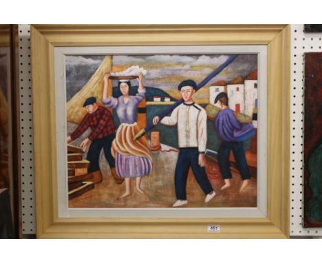 C Loft, oil on board, a portrait study of Basque fisherfolk on a quayside 
