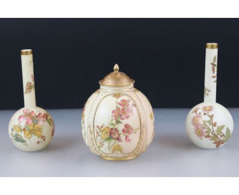 Early 20th century Royal Worcester Blush Ivory Lidded Jar, pattern no. 1809, green marks, 16cm high together with Two 19th ce