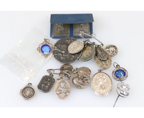 Group of pendants and a stick pin etc, white metal 
