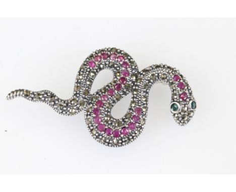 Silver marcasite and ruby snake brooch 