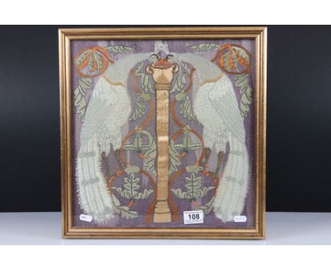 Needlework / Embroidered Panel depicting Two Peacocks feeding from a tall golden coloured urn on pedestal, 36cm x 37cm, frame