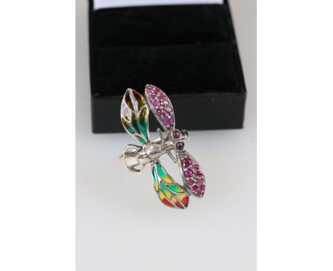 Silver and plique-a-jour bug ring 