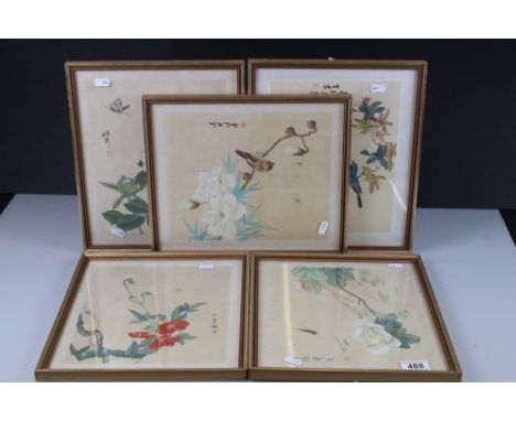 Set of Five Chinese Watercolours of Butterflies, Insects and Birds amongst Flowers, all signed with red seal mark, 28cm x 22c