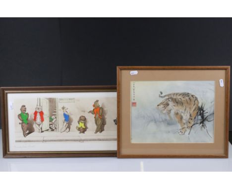 Boris O'Klein, Signed Humorous Dog Print, 44cm x 15cm together with Marianne Nash Watercolour of a Chinese Tiger with calligr