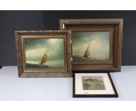 Pair of Oil Paintings on Board of Sailing Boats at Sea, 24cm x 19cm, framed together with an Arthur Rackham Print 