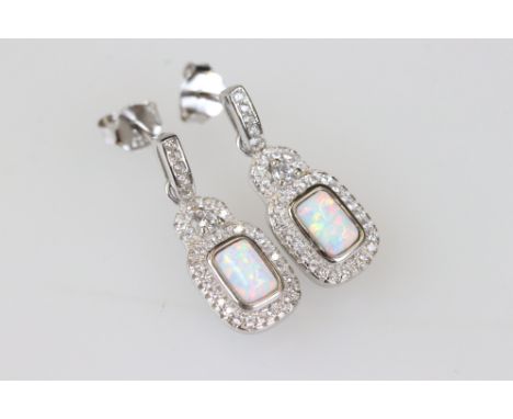 Pair of silver CZ and opal earrings 