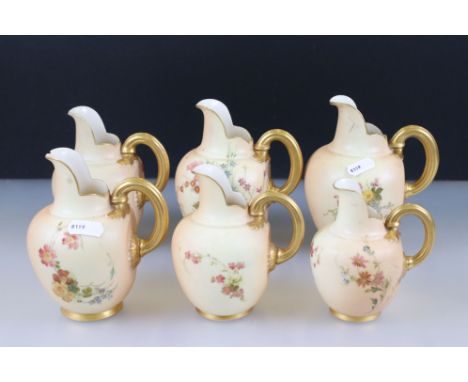 Six 19th and Early 20th century Royal Worcester Blush Ivory Flat Sided Jugs, all pattern no. 1094, all hand painted with flow