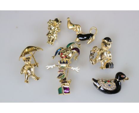 Six Costume Jewellery Brooches including Enamel Duck, Teddy, Dog and Clown plus Gilt Teddy Bear 