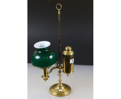 Victorian Adjustable Brass Oil Lamp with Green Glass Shade, 56cm high 
