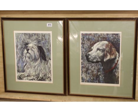 Xavier Bueno, a pair of fine art print dog studies of an English setter &amp; a shih tzu 