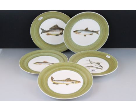 Five French ' Marcel Guillot ' Peint a la Main Hand painted Fish Plates titled Ableties, Gardon, Saumon, Carpe and Lavaret, 2