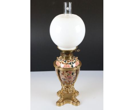 Zolnay Pecs pink floral patterned Ceramic Oil Lamp with drop-in font and brass base, Messengers burner and globular opaque gl