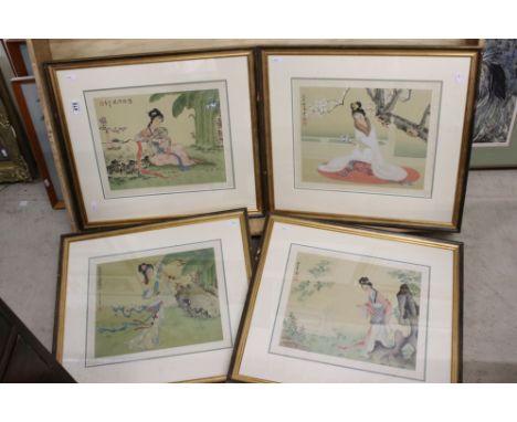 Set of Four Chinese Colour Pictures of Ladies in Gardens, calligraphy and red seal marks, 35cm x 28cm, framed and glazed 