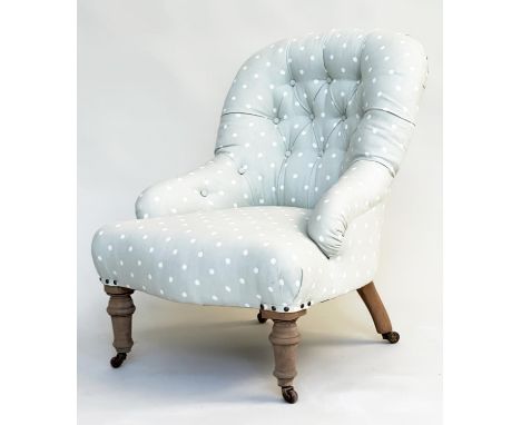 SLIPPER CHAIR, Victorian button backed in pale green dot patterned fabric, 75cm H x 59cm W. 