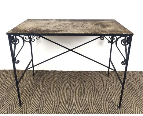 GARDEN CONSOLE, with a stone top and wrought iron base, 100cm x 51cm x 78cm H. 