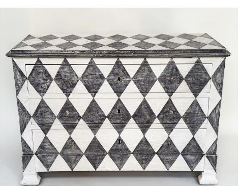 HARLEQUIN COMMODE, 19th century Continental craquelure painted with three long drawers and bracket supports, 110cm x 43cm x 7